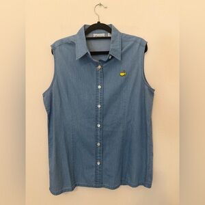 Vtg The Masters Collection Women’s Denim Button Up Blouse Sz L Golf Logo Preppy